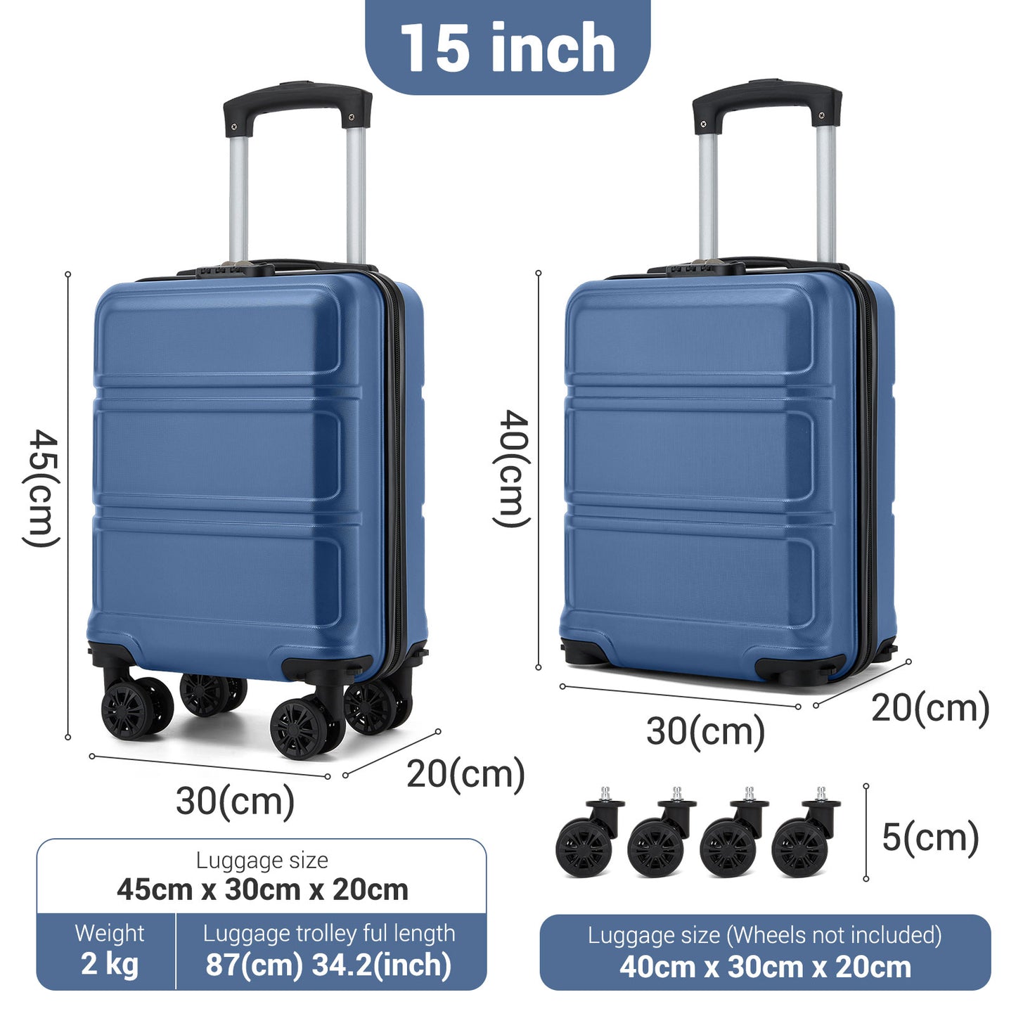 Kono KSK2581 Cabin Luggage in Blue (45x30x20cm) - Lightweight Hard Shell Cabin Suitcase with Removable Spinner Wheels