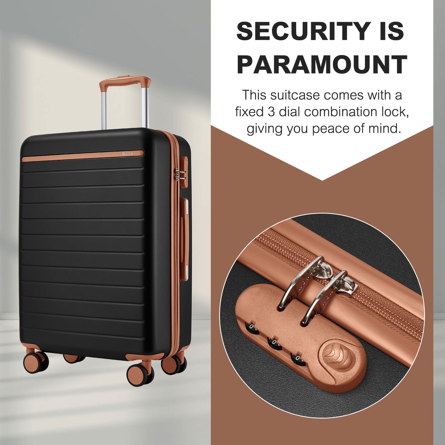 Kono KSK2584 Cabin Luggage in Black and Tan (55x40x20 cm) - Scratch-Resistant Hard Shell Cabin Suitcase with Horizontal Stripe Design