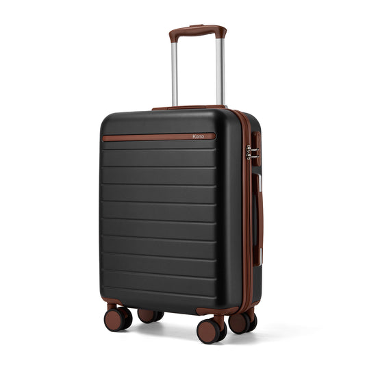 Kono KSK2584 Cabin Luggage in Black and Tan (55x40x20 cm) - Scratch-Resistant Hard Shell Cabin Suitcase with Horizontal Stripe Design