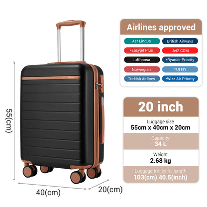 Kono KSK2584 Cabin Luggage in Black and Tan (55x40x20 cm) - Scratch-Resistant Hard Shell Cabin Suitcase with Horizontal Stripe Design