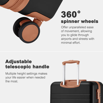 Kono KSK2584 Mid-Size Luggage in Black and Tan (66.5x45.5x25 cm) - Scratch-Resistant Hard Shell Check-In Suitcase with Horizontal Stripe Design & Spinner Wheels