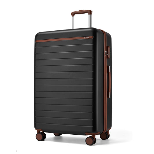 Kono KSK2584 Large Luggage in Black and Tan (76.5.5x50.5.5x29 cm) - Scratch-Resistant Hard Shell Check-In Suitcase with Horizontal Stripe Design & Spinner Wheels