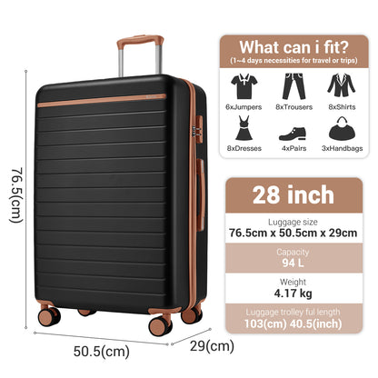 Kono KSK2584 Large Luggage in Black and Tan (76.5.5x50.5.5x29 cm) - Scratch-Resistant Hard Shell Check-In Suitcase with Horizontal Stripe Design & Spinner Wheels