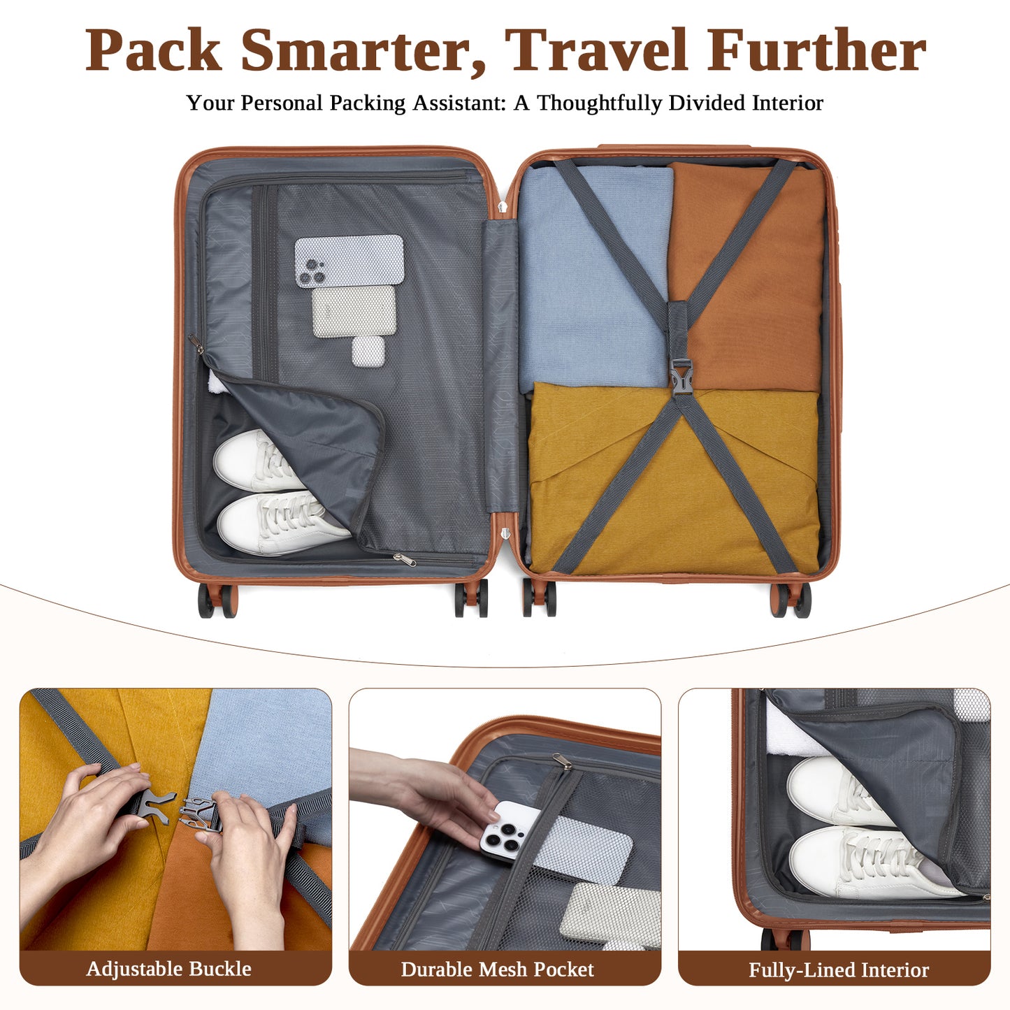 Kono KSK2584 Large Luggage in Black and Tan (76.5.5x50.5.5x29 cm) - Scratch-Resistant Hard Shell Check-In Suitcase with Horizontal Stripe Design & Spinner Wheels