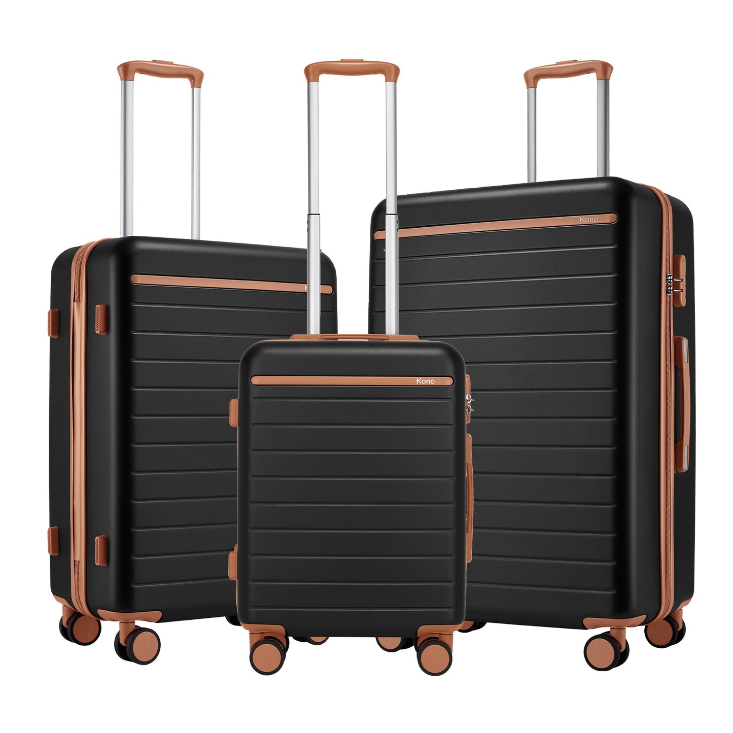 Kono KSK2584 3-Piece Luggage Set in Black and Tan - Scratch-Resistant Hard Shell Set with Horizontal Stripe Design & Spinner Wheels