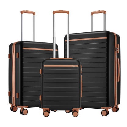 Kono KSK2584 3-Piece Luggage Set in Black and Tan - Scratch-Resistant Hard Shell Set with Horizontal Stripe Design & Spinner Wheels