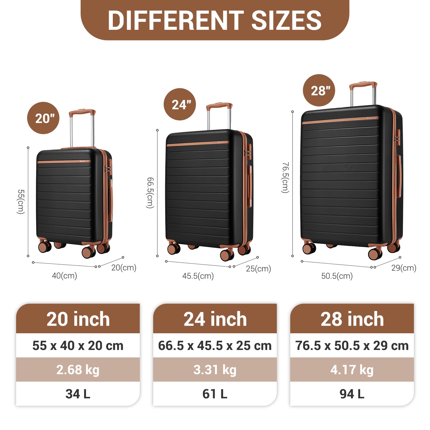 Kono KSK2584 3-Piece Luggage Set in Black and Tan - Scratch-Resistant Hard Shell Set with Horizontal Stripe Design & Spinner Wheels
