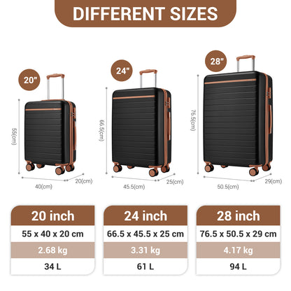 Kono KSK2584 3-Piece Luggage Set in Black and Tan - Scratch-Resistant Hard Shell Set with Horizontal Stripe Design & Spinner Wheels