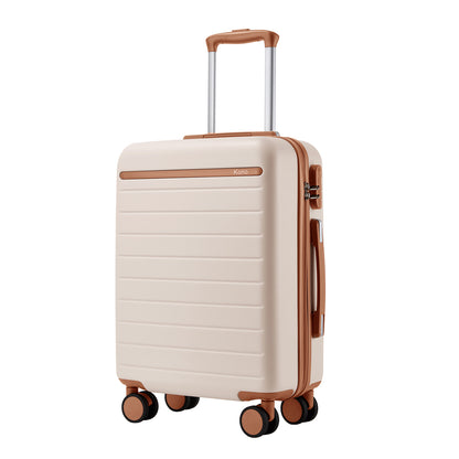 Kono KSK2584 Cabin Luggage in Cream and Tan (55x40x20 cm) - Scratch-Resistant Hard Shell Cabin Suitcase with Horizontal Stripe Design