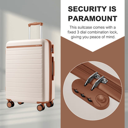 Kono KSK2584 Cabin Luggage in Cream and Tan (55x40x20 cm) - Scratch-Resistant Hard Shell Cabin Suitcase with Horizontal Stripe Design