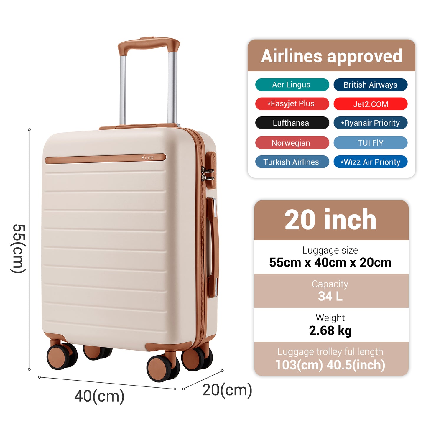 Kono KSK2584 Cabin Luggage in Cream and Tan (55x40x20 cm) - Scratch-Resistant Hard Shell Cabin Suitcase with Horizontal Stripe Design