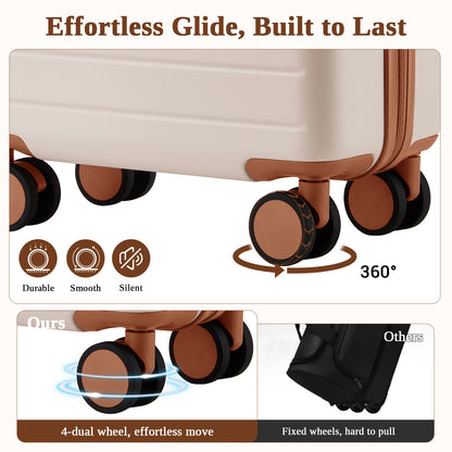 Kono KSK2584 Cabin Luggage in Cream and Tan (55x40x20 cm) - Scratch-Resistant Hard Shell Cabin Suitcase with Horizontal Stripe Design