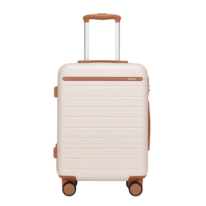 Kono KSK2584 Cabin Luggage in Cream and Tan (55x40x20 cm) - Scratch-Resistant Hard Shell Cabin Suitcase with Horizontal Stripe Design