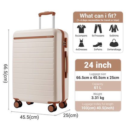 Kono KSK2584 Mid-Size Luggage in Cream and Tan (66.5x45.5x25 cm) - Scratch-Resistant Hard Shell Check-In Suitcase with Horizontal Stripe Design & Spinner Wheels
