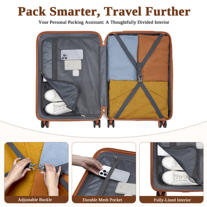 Kono KSK2584 Mid-Size Luggage in Cream and Tan (66.5x45.5x25 cm) - Scratch-Resistant Hard Shell Check-In Suitcase with Horizontal Stripe Design & Spinner Wheels