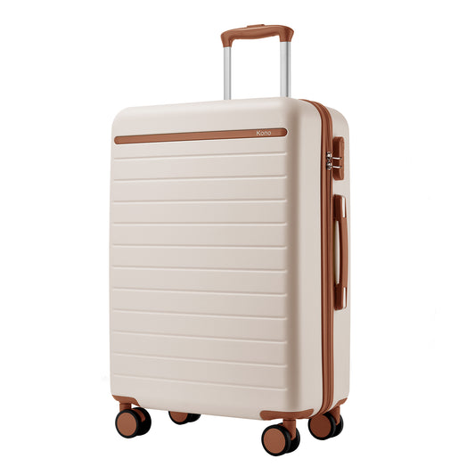 Kono KSK2584 Large Luggage in Cream and Tan (76.5.5x50.5.5x29 cm) - Scratch-Resistant Hard Shell Check-In Suitcase with Horizontal Stripe Design & Spinner Wheels