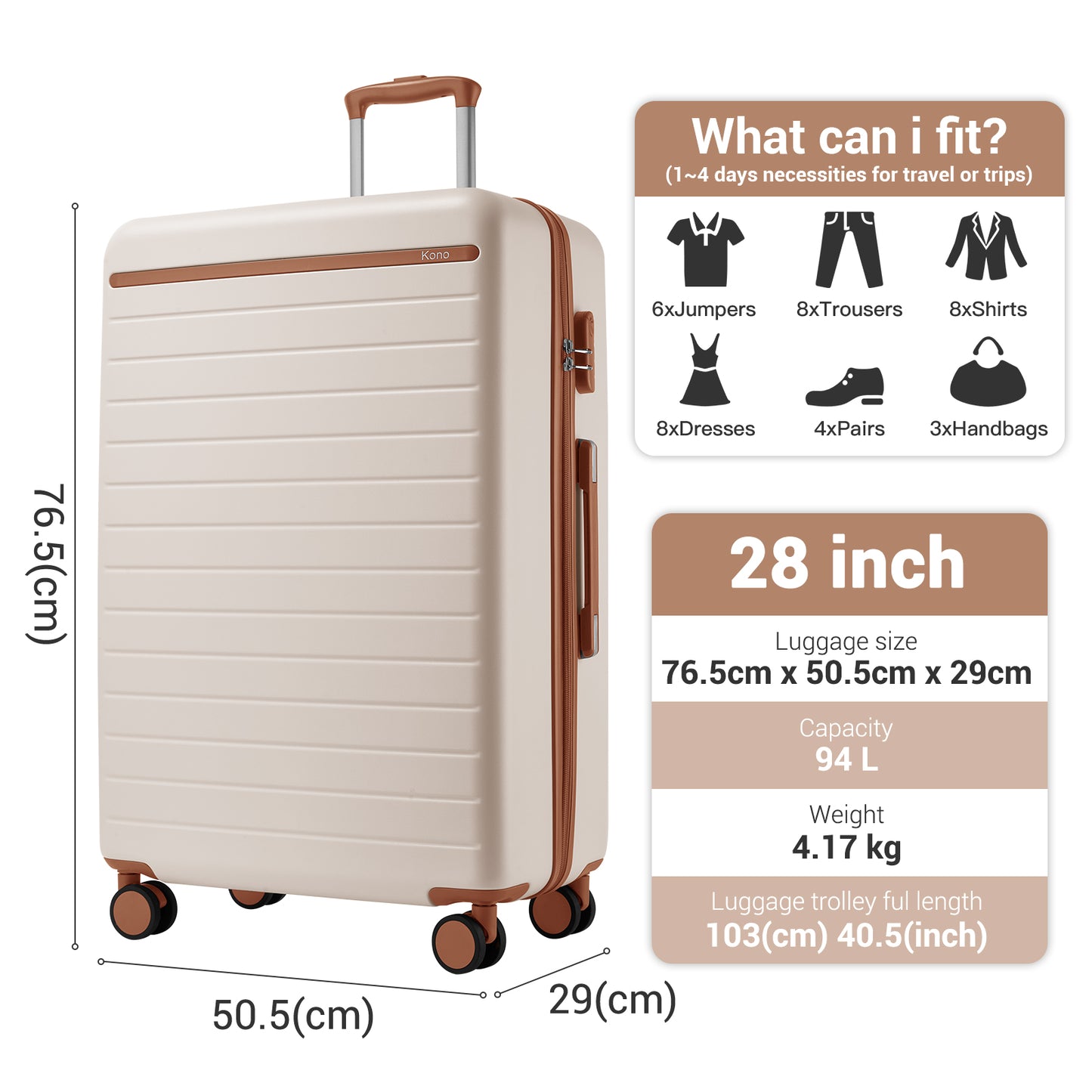 Kono KSK2584 Large Luggage in Cream and Tan (76.5.5x50.5.5x29 cm) - Scratch-Resistant Hard Shell Check-In Suitcase with Horizontal Stripe Design & Spinner Wheels