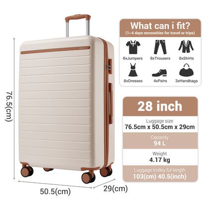 Kono KSK2584 Large Luggage in Cream and Tan (76.5.5x50.5.5x29 cm) - Scratch-Resistant Hard Shell Check-In Suitcase with Horizontal Stripe Design & Spinner Wheels