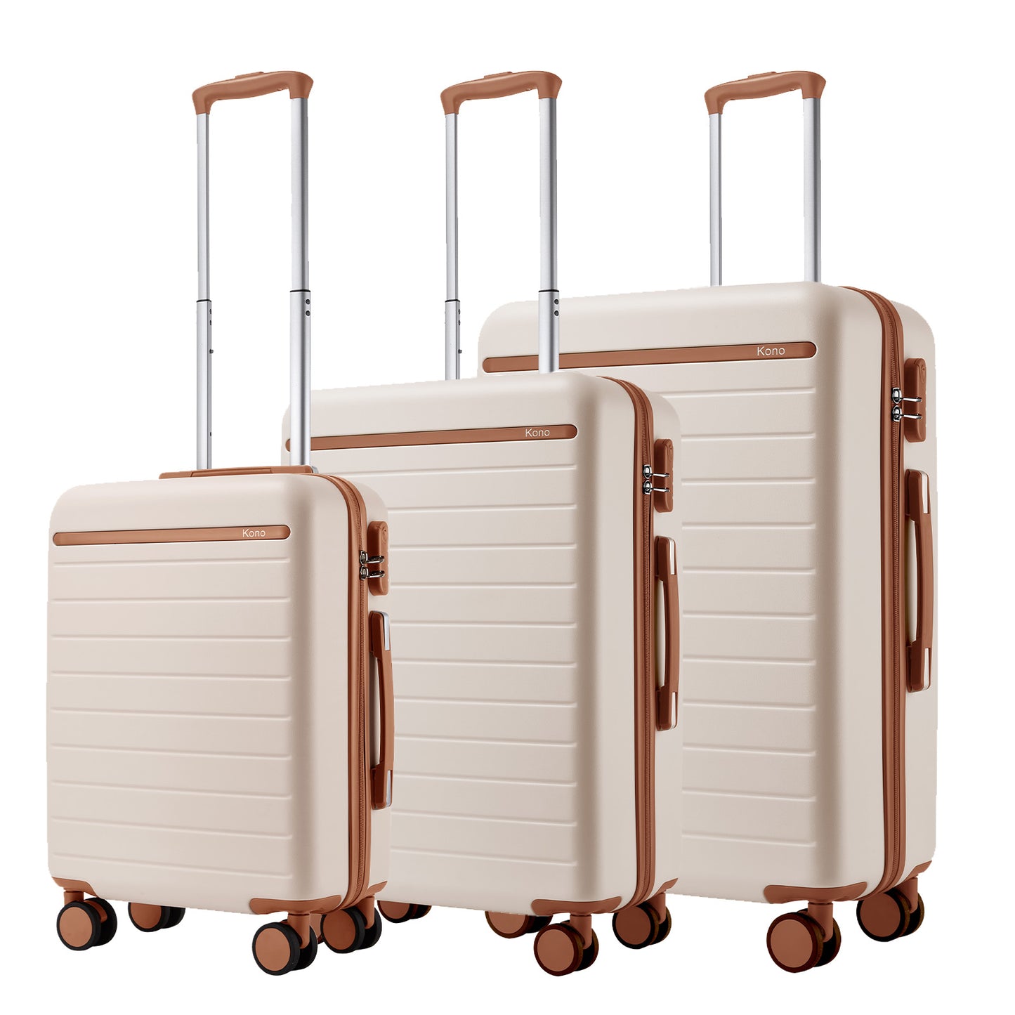 Kono KSK2584 3-Piece Luggage Set in Cream and Tan - Scratch-Resistant Hard Shell Set with Horizontal Stripe Design & Spinner Wheels