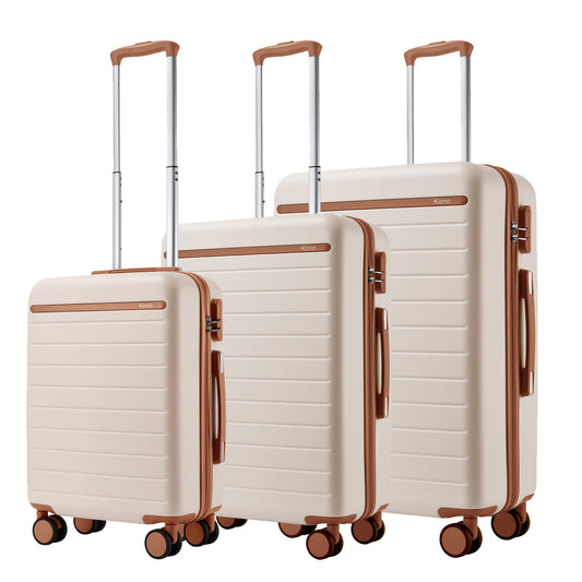 Kono KSK2584 3-Piece Luggage Set in Cream and Tan - Scratch-Resistant Hard Shell Set with Horizontal Stripe Design & Spinner Wheels