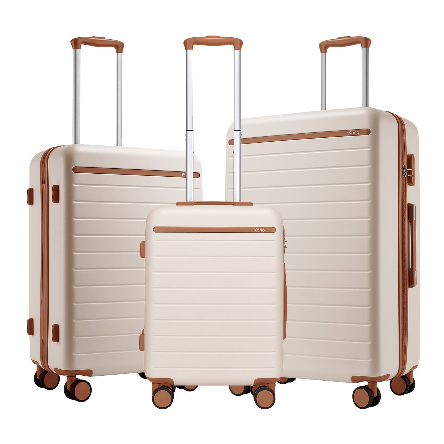 Kono KSK2584 3-Piece Luggage Set in Cream and Tan - Scratch-Resistant Hard Shell Set with Horizontal Stripe Design & Spinner Wheels