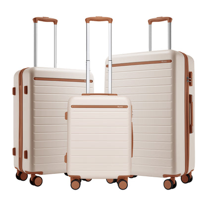 Kono KSK2584 3-Piece Luggage Set in Cream and Tan - Scratch-Resistant Hard Shell Set with Horizontal Stripe Design & Spinner Wheels