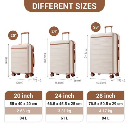 Kono KSK2584 3-Piece Luggage Set in Cream and Tan - Scratch-Resistant Hard Shell Set with Horizontal Stripe Design & Spinner Wheels