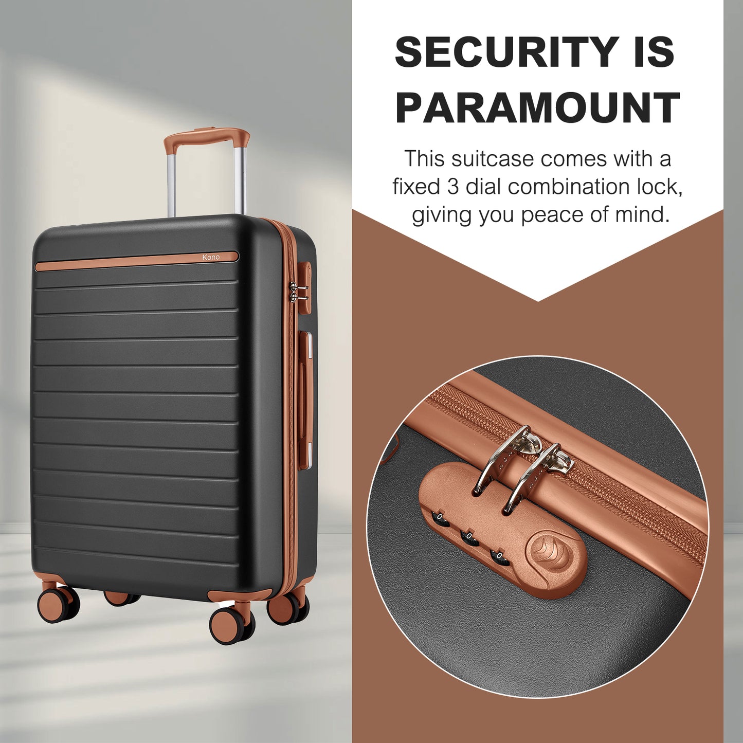 Kono KSK2584 Large Luggage in Grey and Tan (76.5.5x50.5.5x29 cm) - Scratch-Resistant Hard Shell Check-In Suitcase with Horizontal Stripe Design & Spinner Wheels