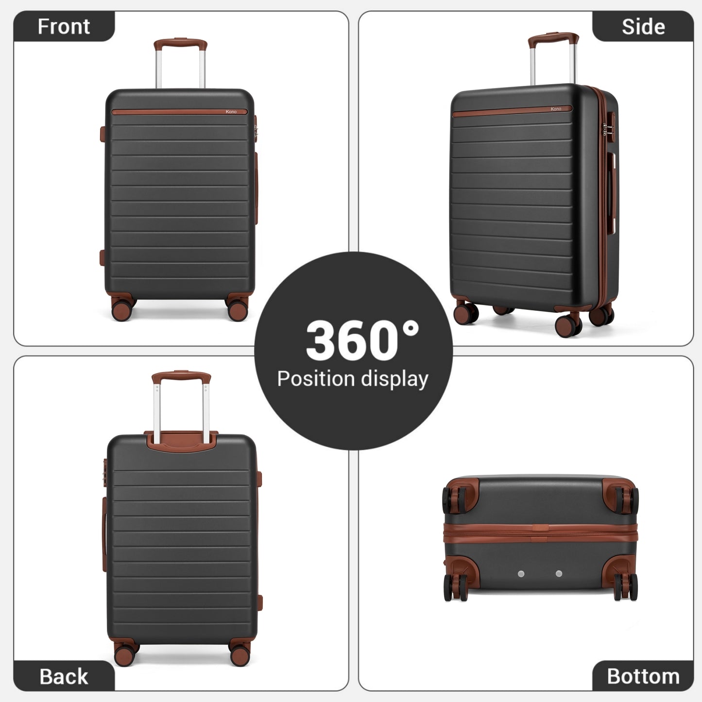 Kono KSK2584 Large Luggage in Grey and Tan (76.5.5x50.5.5x29 cm) - Scratch-Resistant Hard Shell Check-In Suitcase with Horizontal Stripe Design & Spinner Wheels
