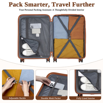 Kono KSK2584 Large Luggage in Grey and Tan (76.5.5x50.5.5x29 cm) - Scratch-Resistant Hard Shell Check-In Suitcase with Horizontal Stripe Design & Spinner Wheels