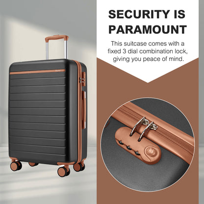Kono KSK2584 Cabin Luggage in Grey and Tan (55x40x20 cm) - Scratch-Resistant Hard Shell Cabin Suitcase with Horizontal Stripe Design