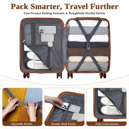 Kono KSK2584 Cabin Luggage in Grey and Tan (55x40x20 cm) - Scratch-Resistant Hard Shell Cabin Suitcase with Horizontal Stripe Design