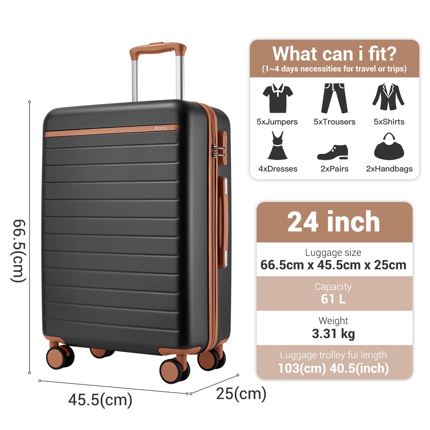 Kono KSK2584 Mid-Size Luggage in Grey and Tan (66.5x45.5x25 cm) - Scratch-Resistant Hard Shell Check-In Suitcase with Horizontal Stripe Design & Spinner Wheels