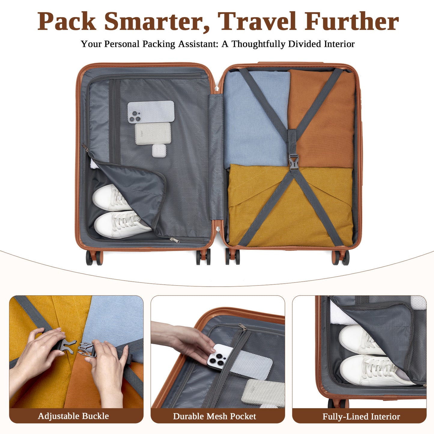 Kono KSK2584 Mid-Size Luggage in Grey and Tan (66.5x45.5x25 cm) - Scratch-Resistant Hard Shell Check-In Suitcase with Horizontal Stripe Design & Spinner Wheels