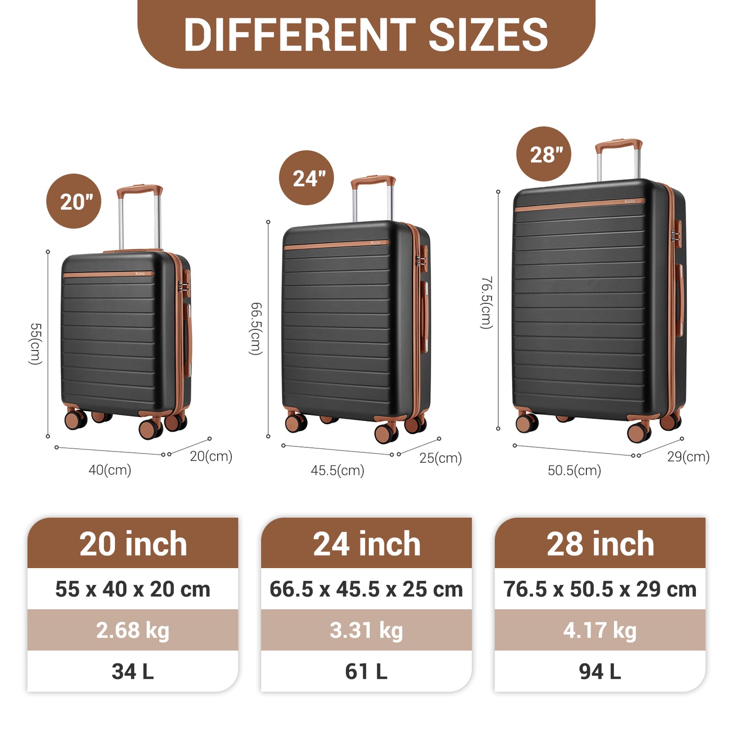 Kono KSK2584 3-Piece Luggage Set in Grey and Tan - Scratch-Resistant Hard Shell Set with Horizontal Stripe Design & Spinner Wheels