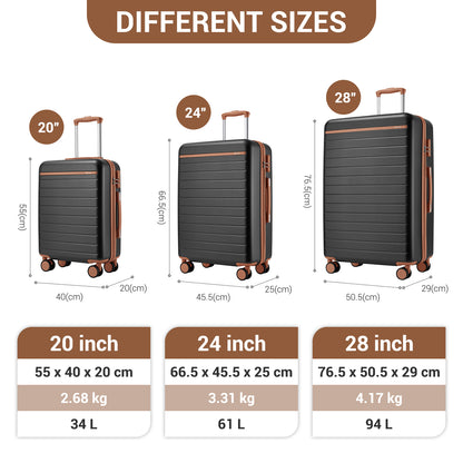 Kono KSK2584 3-Piece Luggage Set in Grey and Tan - Scratch-Resistant Hard Shell Set with Horizontal Stripe Design & Spinner Wheels
