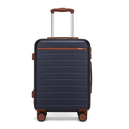 Kono KSK2584 Cabin Luggage in Navy and Tan (55x40x20 cm) - Scratch-Resistant Hard Shell Cabin Suitcase with Horizontal Stripe Design