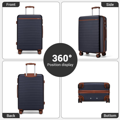 Kono KSK2584 Cabin Luggage in Navy and Tan (55x40x20 cm) - Scratch-Resistant Hard Shell Cabin Suitcase with Horizontal Stripe Design