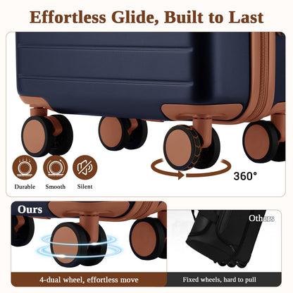 Kono KSK2584 Cabin Luggage in Navy and Tan (55x40x20 cm) - Scratch-Resistant Hard Shell Cabin Suitcase with Horizontal Stripe Design