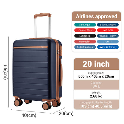 Kono KSK2584 Cabin Luggage in Navy and Tan (55x40x20 cm) - Scratch-Resistant Hard Shell Cabin Suitcase with Horizontal Stripe Design
