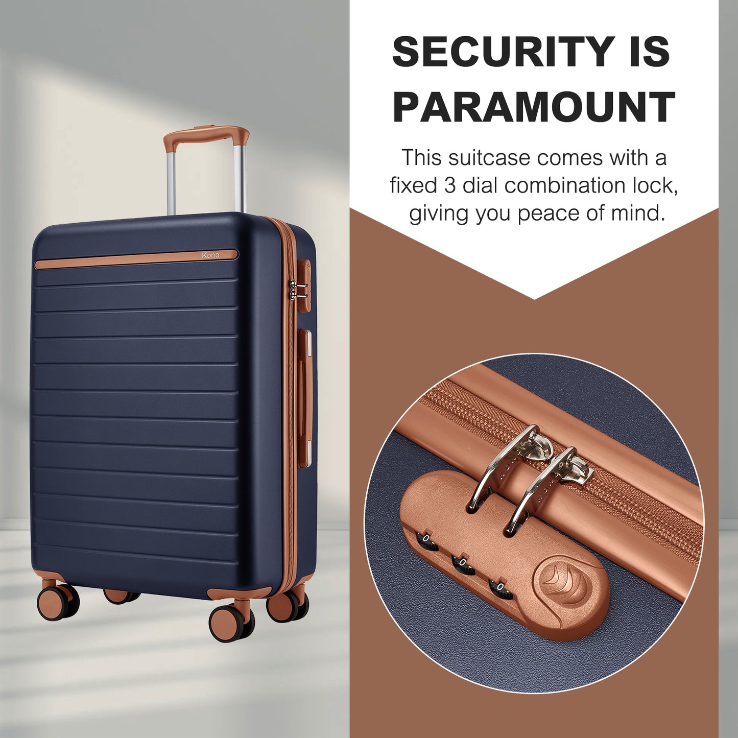 Kono KSK2584 Cabin Luggage in Navy and Tan (55x40x20 cm) - Scratch-Resistant Hard Shell Cabin Suitcase with Horizontal Stripe Design