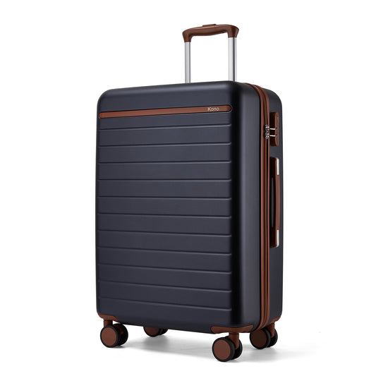 Kono KSK2584 Mid-Size Luggage in Navy and Tan (66.5x45.5x25 cm) - Scratch-Resistant Hard Shell Check-In Suitcase with Horizontal Stripe Design & Spinner Wheels