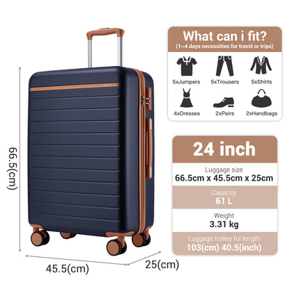 Kono KSK2584 Mid-Size Luggage in Navy and Tan (66.5x45.5x25 cm) - Scratch-Resistant Hard Shell Check-In Suitcase with Horizontal Stripe Design & Spinner Wheels