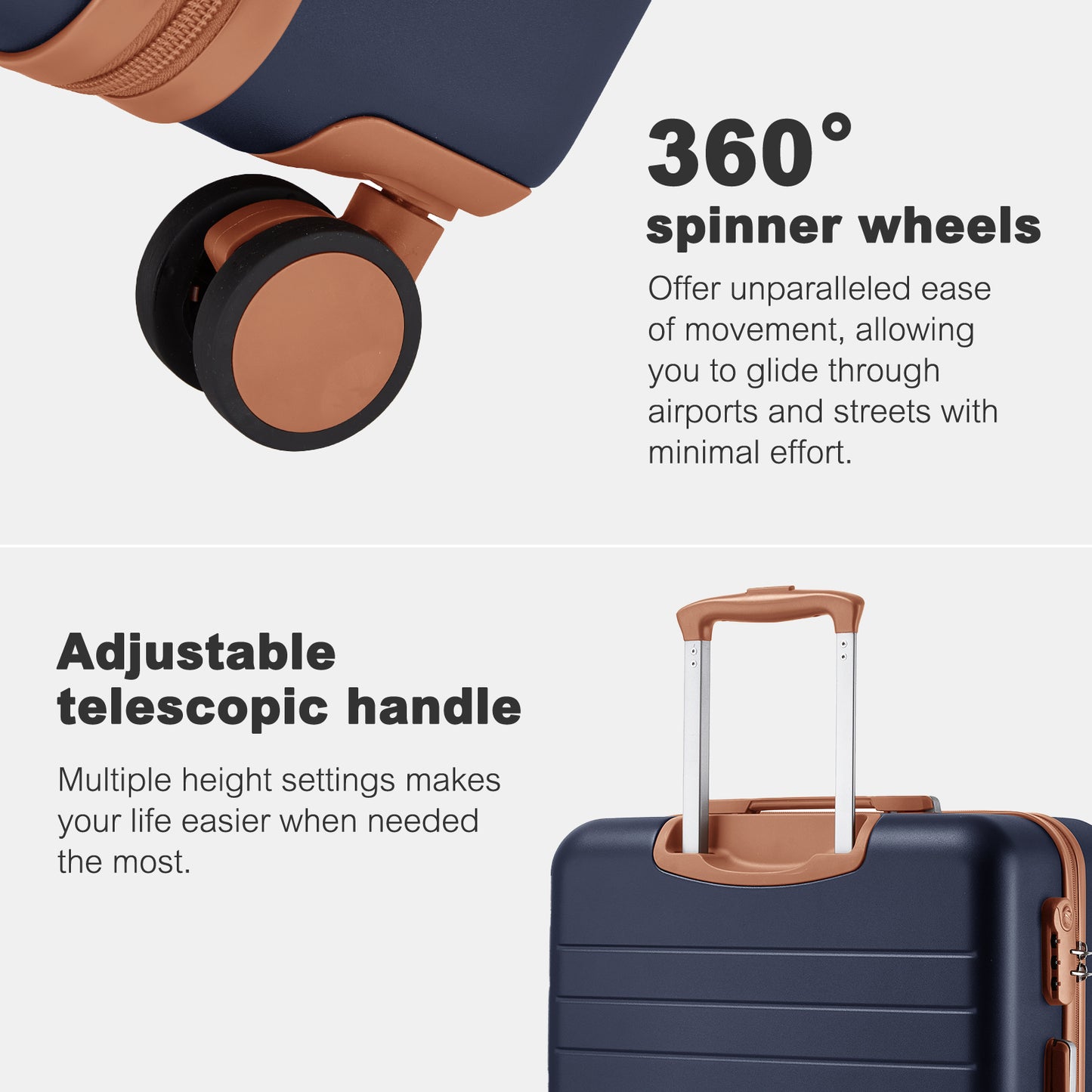 Kono KSK2584 Mid-Size Luggage in Navy and Tan (66.5x45.5x25 cm) - Scratch-Resistant Hard Shell Check-In Suitcase with Horizontal Stripe Design & Spinner Wheels