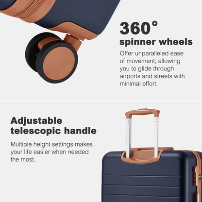 Kono KSK2584 Large Luggage in Navy and Tan (76.5.5x50.5.5x29 cm) - Scratch-Resistant Hard Shell Check-In Suitcase with Horizontal Stripe Design & Spinner Wheels