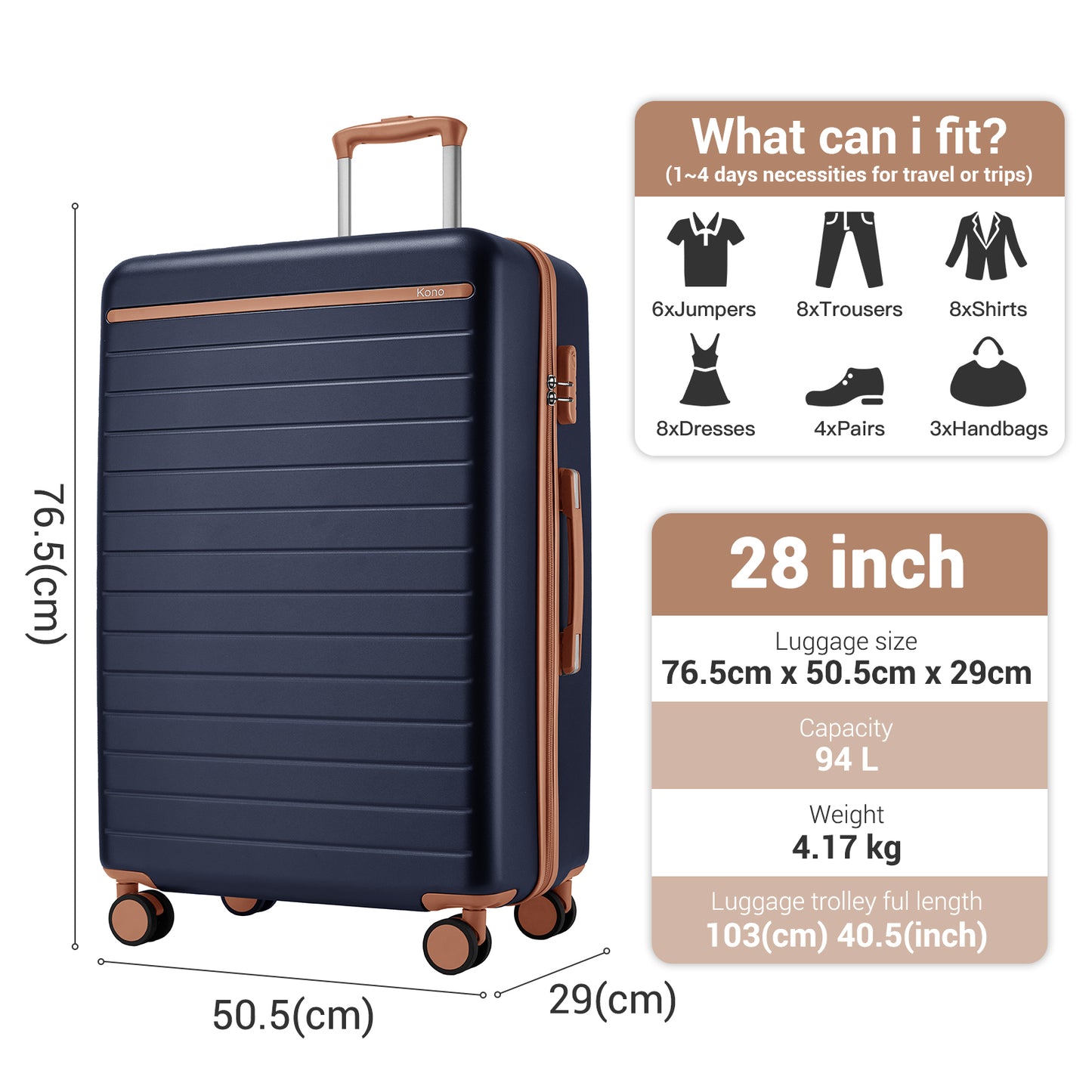 Kono KSK2584 Large Luggage in Navy and Tan (76.5.5x50.5.5x29 cm) - Scratch-Resistant Hard Shell Check-In Suitcase with Horizontal Stripe Design & Spinner Wheels