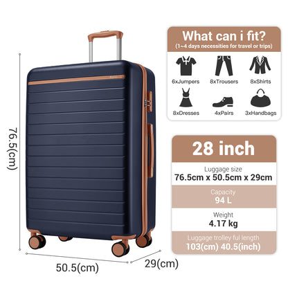 Kono KSK2584 Large Luggage in Navy and Tan (76.5.5x50.5.5x29 cm) - Scratch-Resistant Hard Shell Check-In Suitcase with Horizontal Stripe Design & Spinner Wheels