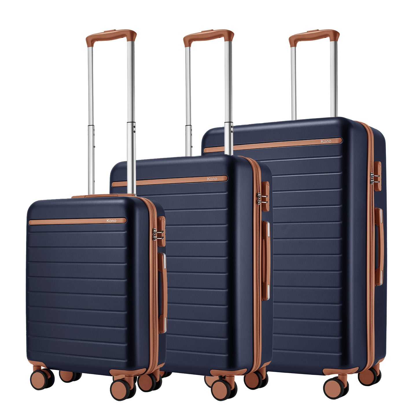 Kono KSK2584 3-Piece Luggage Set in Navy and Tan - Scratch-Resistant Hard Shell Set with Horizontal Stripe Design & Spinner Wheels