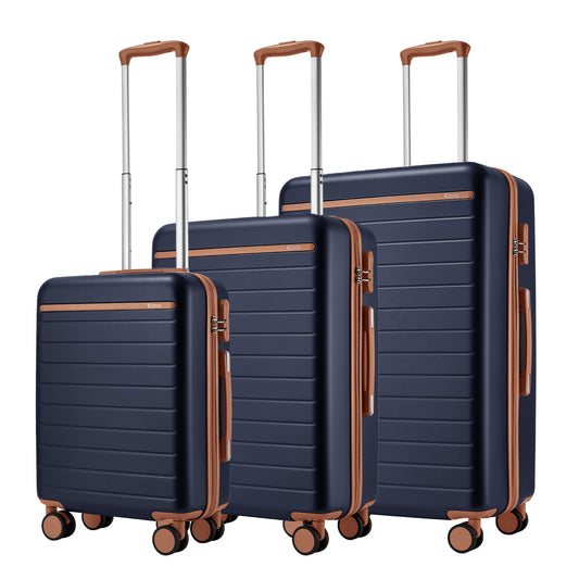 Kono KSK2584 3-Piece Luggage Set in Navy and Tan - Scratch-Resistant Hard Shell Set with Horizontal Stripe Design & Spinner Wheels