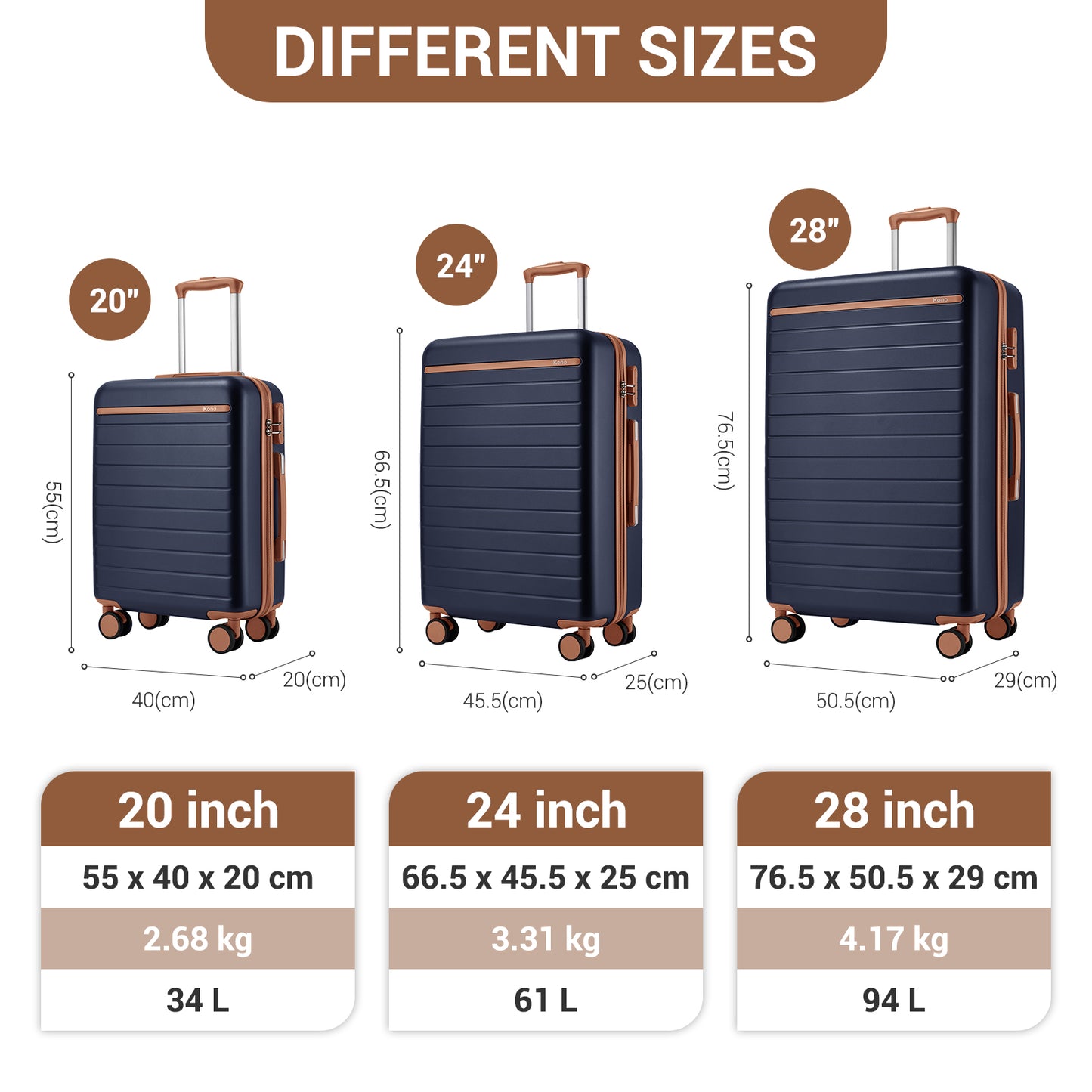 Kono KSK2584 3-Piece Luggage Set in Navy and Tan - Scratch-Resistant Hard Shell Set with Horizontal Stripe Design & Spinner Wheels